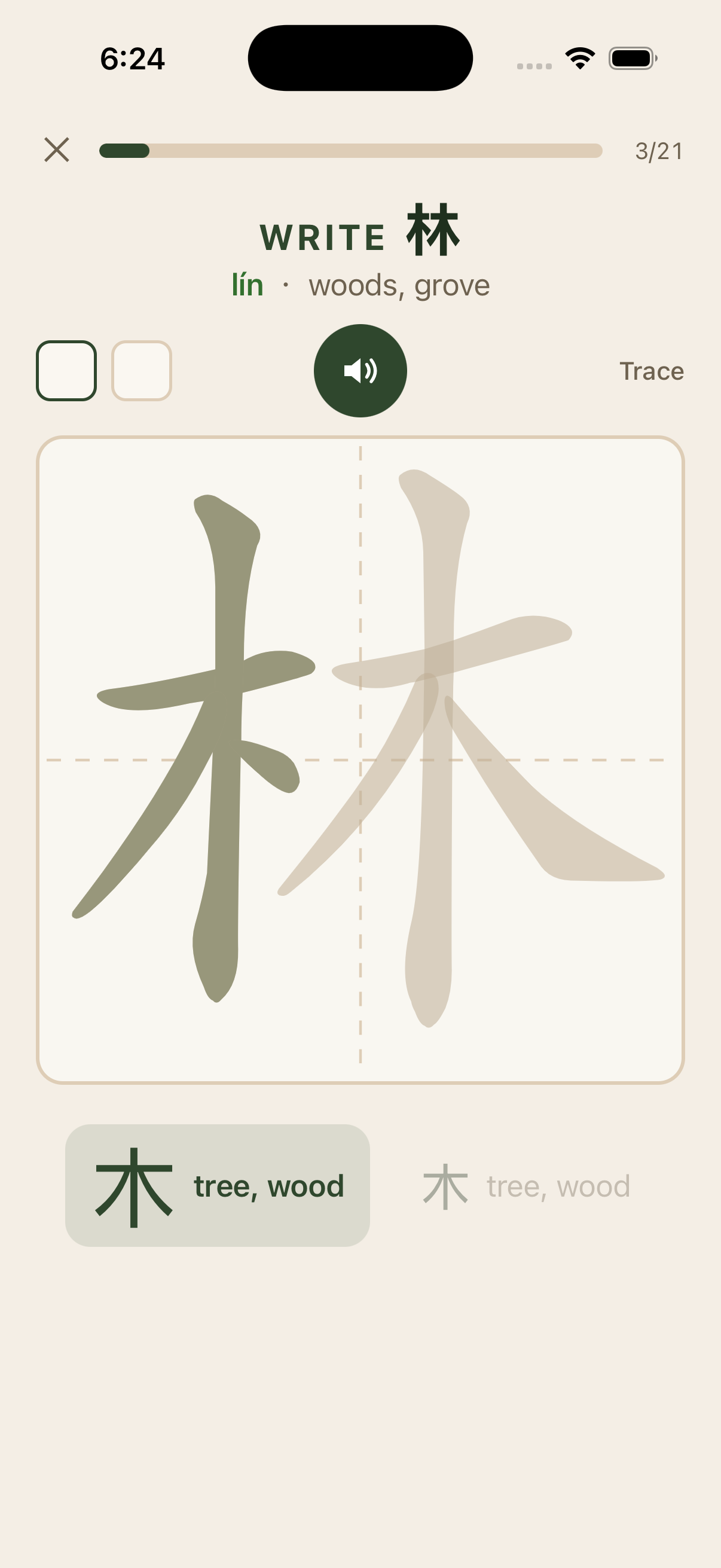 Tracing the character 林 with the 木 “tree” block highlighted