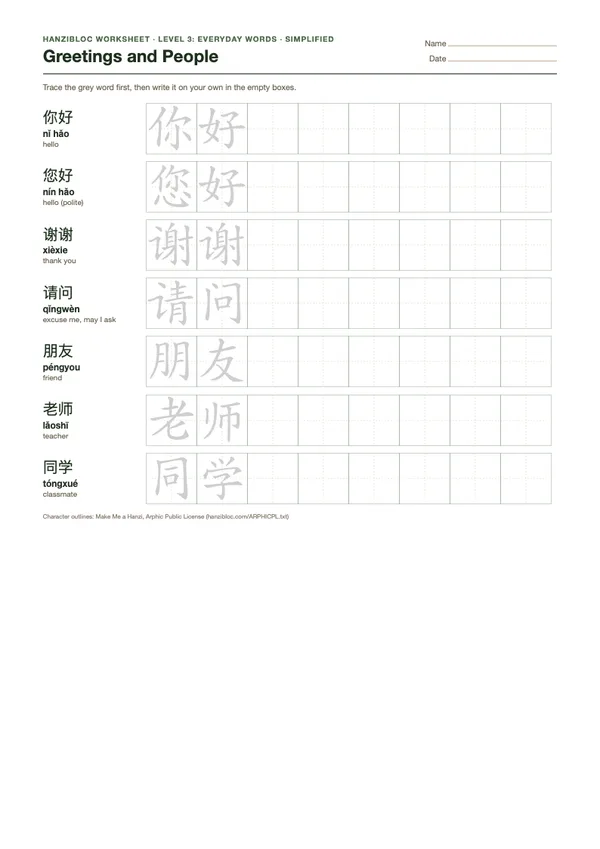 Greetings and People worksheet in Simplified characters