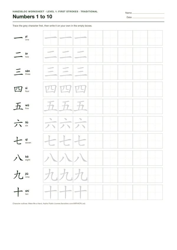 Preview of the Numbers 1 to 10 worksheet