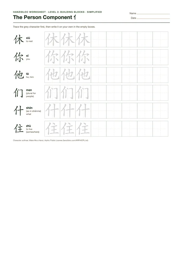 The Person Component 亻 worksheet in Simplified characters