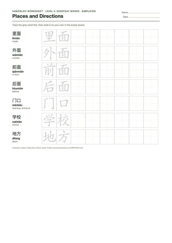 Places and Directions worksheet in Simplified characters