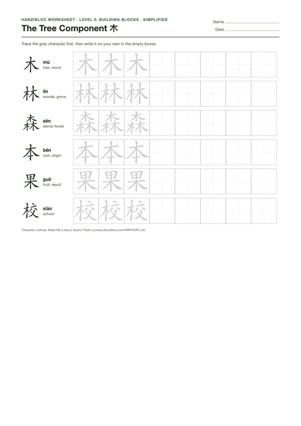 The Tree Component 木 worksheet in Simplified characters