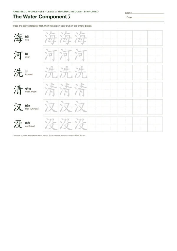 The Water Component 氵 worksheet in Simplified characters