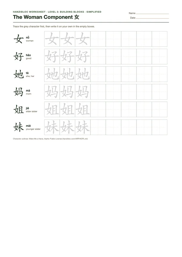 The Woman Component 女 worksheet in Simplified characters